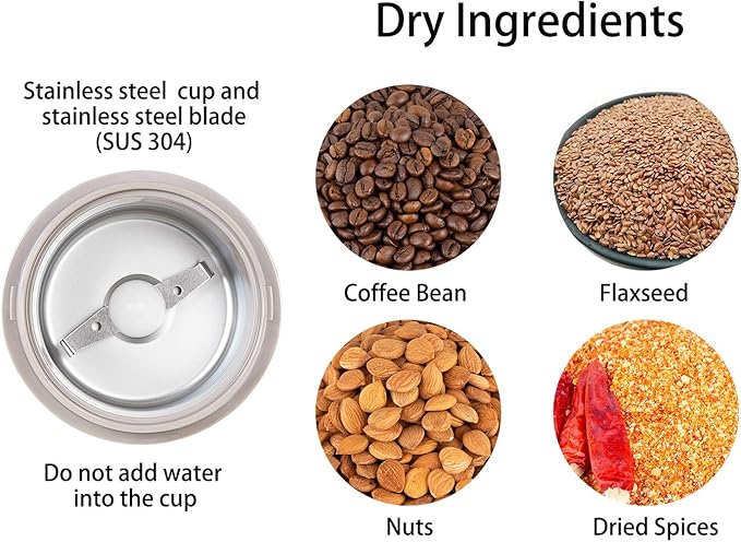 DR MILLS DM-7441W Coffee Grinder Electric, Coffee Bean and Dried Spice Grinder, One Touch Operation, Blade and Cup Made with SUS304 Stainless Steel (White)