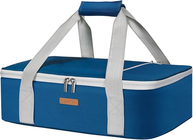 LUNCIA Insulated Casserole Carrier for Hot or Cold Food, Lasagna Lugger Tote for Potluck Parties/Picnic/Cookouts, Fits 9"×13" Baking Dish, Pure Blue