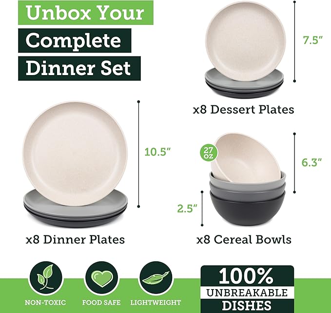 Grow Forward 24-piece Premium Wheat Straw Dinnerware Sets for 8 - Unbreakable Dishwasher & Microwave Safe Plastic Plates and Bowls Sets - Patio, Outdoors, RV, Camping Dishes - Moonlight