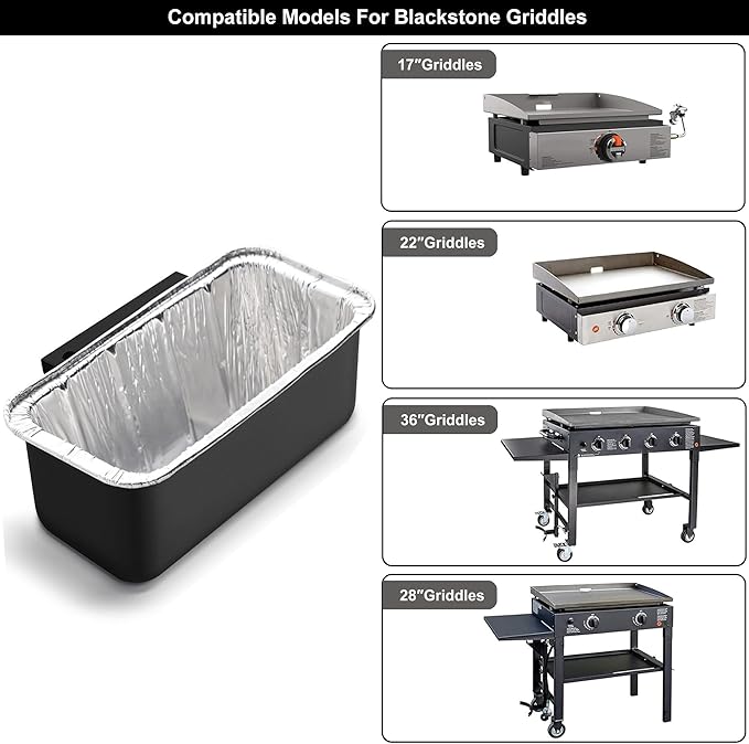 Grill Grease Catcher for Blackstone Griddle with 10 Pack Grease Cup Liners Aluminum Foil Tray Pan Drip Tray Pan for 17, 22, 28 & 36 inches Griddle (Short Hook)