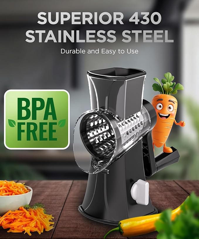Rotary Cheese Grater Hand Crank, Cheese Shredder/Slicer/Chopper with Large Caliber and Strong Suction Base, 3 Blades for Potatoes/Nuts/Vegetables, Easy to Use Clean for Home