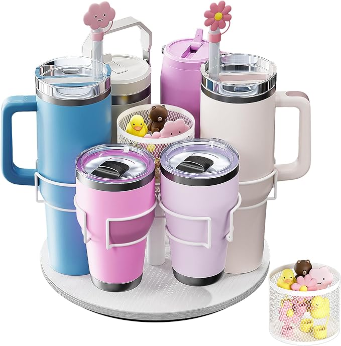 Kssaiz Kssiaz Water Bottle Organizer for 20/30/40oz Stanley & Other Large Tumbler, 6 Slots Stanely Cup Organizer with Straw Sleeve, Cup Bottle Holder for Cabinet Home Countertop Pantry Shelf, White