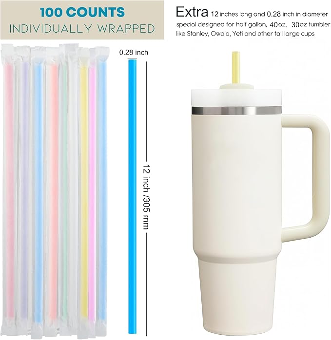 ALINK 100 Pcs Long Disposable Straws for Stanley 40 oz 30 oz Tumbler, 12 inch Colorful Plastic Straws for Stanley, Owala, Yeti 40 OZ 30 OZ Cup, Individually Wrapped