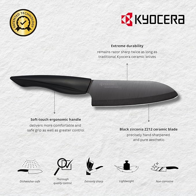 Kyocera Innovation Series Ceramic 5.5" Santoku Knife, with Soft Touch Ergonomic Handle-Black Blade, Black Handle