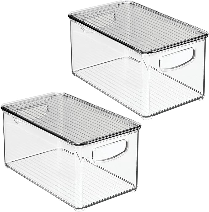 mDesign Plastic Deep Storage Bin Box Container with Lid and Built-In Handles - Organization for Fruit, Snacks, or Food in Kitchen Pantry, Cabinet, Cupboard, Ligne Collection, 2 Pack, Clear/Smoke Gray