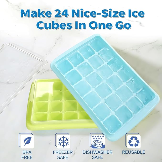 ARTLEO Ice Cube Trays for Freezer with Lid and Storage Bin, 24 Nice Size Ice Cubes Trays 2 pack, Easy Flexible Plastic Ice Mold, BPA Free, for Whisky, Ice Drinks.
