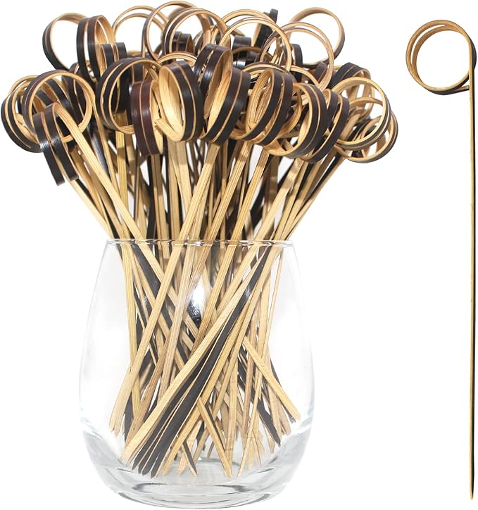 BLUE TOP Bamboo Cocktail Picks 100 PCS Black Bamboo Skewers 6 Inch with Looped Ring,Food Picks,Party Toothpicks for Appetizers,Cocktail Drinks,Barbecue Snacks,Club Sandwiches.