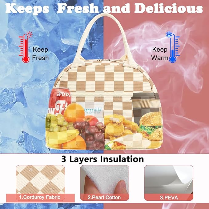 FlowFly Lunch Bag for Women Insulated Lunch Box Corduroy Lunch Tote Cooler for Travel Work Picnic,Corduroy Plaid Khaki