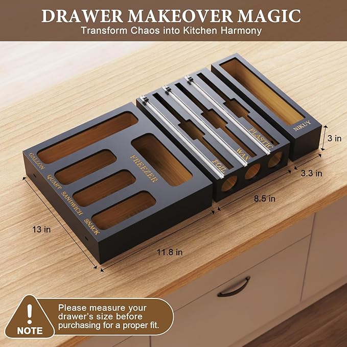 9 IN 1 Bamboo Foil and Plastic Wrap Organizer for Kitchen Drawer, Plastic Bag Organizer Organization and Storage, Food Storage Bag Organizer (BLACK)