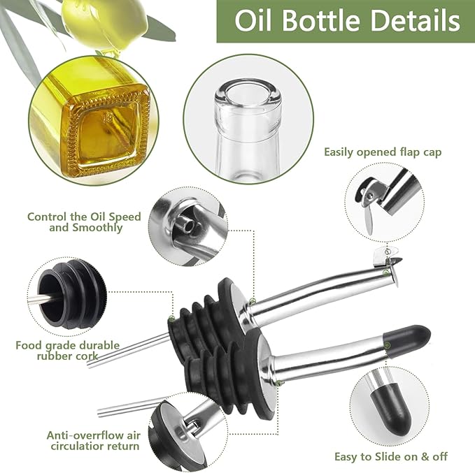 Olive Oil Dispenser Bottle, 2 Pcs Glass Olive Oil Dispenser and Vinegar Dispenser Set with 2 Stainless Steel Pourers, 4 Labels,1 Brush and 1 Funnel Oil Bottles for Kitchen (500ml)