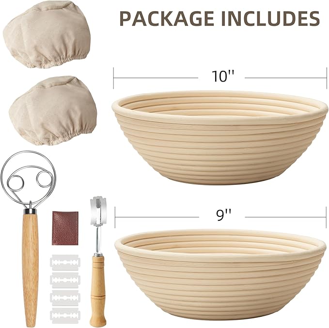 Bread Proofing Basket, Kikcoin Banneton Bread Proofing Basket Set of 2, 9 Inch & 10 Inch Round Sourdough Proofing Basket with Linen Liner, Bread Lame, Dough Whisk
