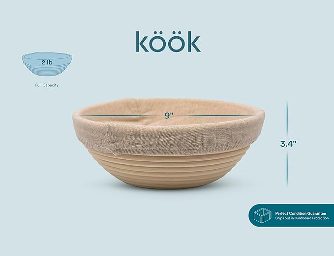 Kook Proofing Set, Sourdough Bread, 1 Rattan 9 Inch Banneton Basket, 1 Basket Cover, Metal Scraper, Plastic Scraper, Scoring Lame, 5 Blades and Case, Baking Kit, Dough Bowls, Round Shape