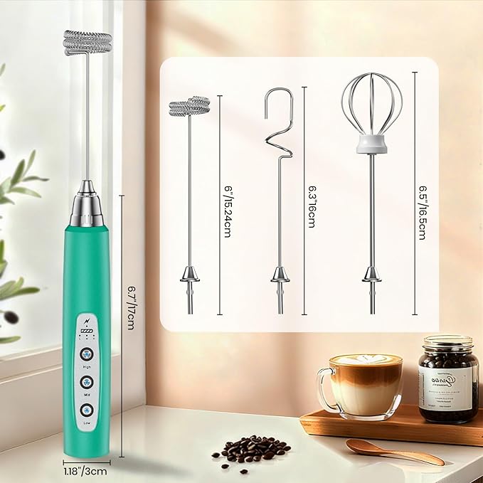 Milk Frother Handheld Rechargeable, Frother Wand Drink Mixer Electric Whisk for Coffee, Detachable With 3 Stainless Whisks, Hand Mixer for Lattes, Cappuccino, Matcha, Egg, No Stand, Green