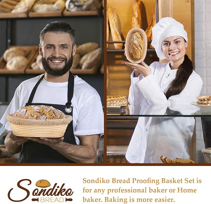 Sondiko Oval Bread Proofing Basket, Handmade Sourdough Bread Baking Supplies, Banneton Bread Proofing Basket Brotform with Proofing Cloth Liner for Sourdough Bread, Baking