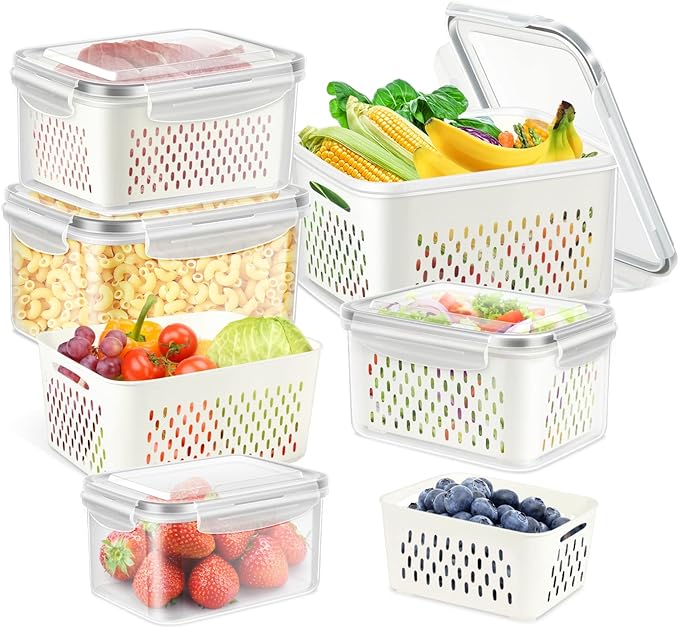 5 PCS Fridge Food Storage Container with Colander, Plastic Fresh Produce Saver Keeper for Vegetable Fruit Berry Salad Lettuce Meat Fish, BPA Free Kitchen Refrigerator Organizer Bins (6.2L-0.8L)