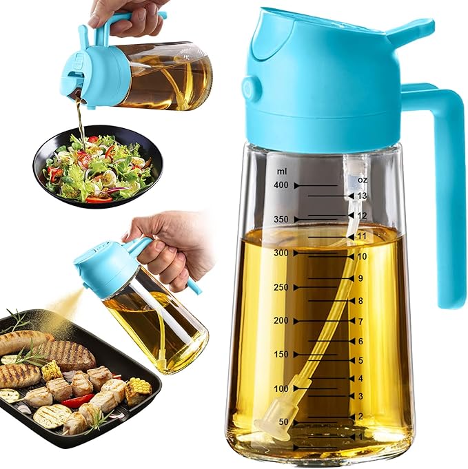 TrendPlain 16oz/470ml Glass Olive Oil Sprayer for Cooking – 2 in 1 Olive Oil Dispenser Bottle for Kitchen Gadgets and Air Fryer Accessories, Salad, BBQ - Sky Blue