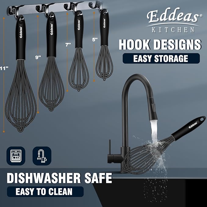 Silicone Whisk - Non Scratch Whisks for Cooking, 500°F Heat Resistant Siliocne Wisk tool, Heavy Duty Kitchen Whisks, for Blending, Beating, set of 4 (5+7+9+11 inch) Black
