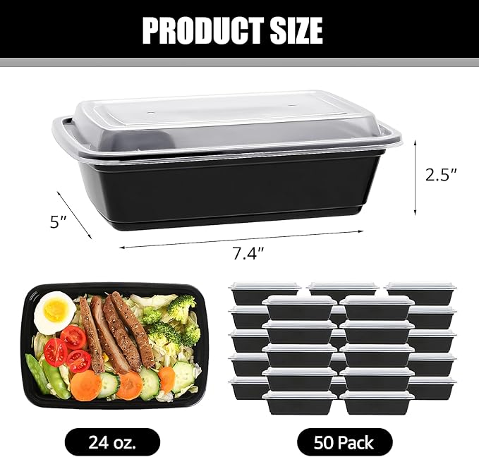 50 PACK, 24 oz. Meal Prep Containers, Extra Large & Thick Food Storage Containers with Lids - BPA Free Stackable Microwavable & Dishwasher Safe, Travel, To Go, Bento Box