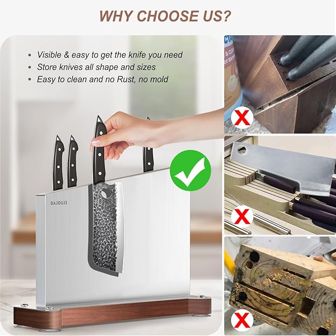 Large Magnetic Knife Holder16.15 x 11 Inches, Double Sided Magnetic Knife Block Without Knives, Stainless Steel Knife Storage Rack for Kitchen Counter With Strong Magnet Stand & Wood Base