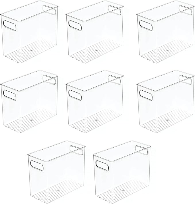 mDesign Tall Modern Stackable Plastic Storage Organizer Bin Basket with Handles for Bathroom Vanity Organization - Shelf, Cubby, Cabinet, or Closet Organizing Decor - Ligne Collection - 8 Pack - Clear