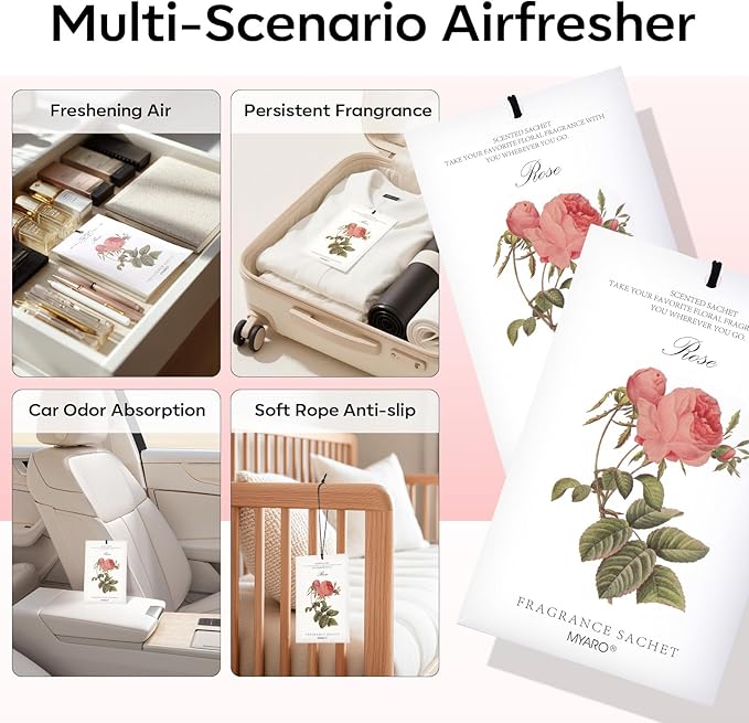 MYARO 12 Pcs Rose Scented Sachets Long Lasting Room Air Freshener Odor Deodorizer Eliminating for Home Drawer Closet Clothes Storage