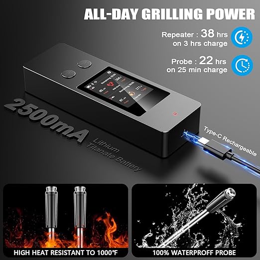 Wireless Meat Thermometer, Smart Digital Cooking Thermometer with 2 Ultra-Thin Probes, No App Needed, 800FT Range, 1000°F Heat Resistant, IP67 Waterproof - for BBQ, Grill, Oven, Smoker (2025 Upgraded)