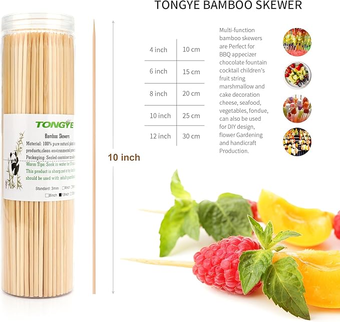 [200 PCS] 10 inch Bamboo Skewers, Premium Wooden Skewers Without Splinters, Skewers for Grilling, BBQ, Appetizer, Fruit Kabobs, Chocolate Fountain, Cocktail Toothpicks, and Food Skewer Sticks.