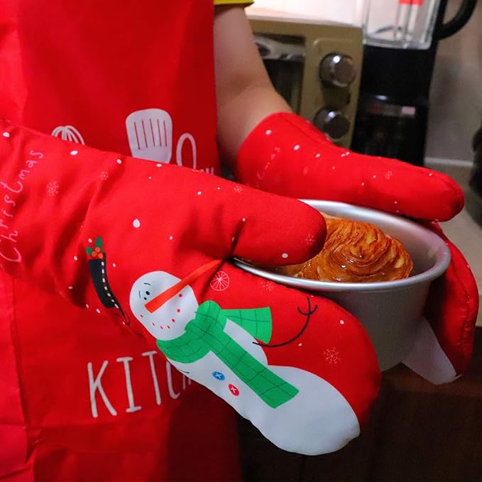 Oven Mitts and Potholders BBQ Gloves-Oven Mitts and Pot Holders with Recycled Infill Silicone Non-Slip Cooking Gloves for Cooking Baking Grilling (4-Piece Set) (Red Christmas Snow)