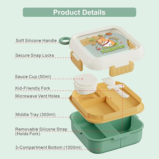 Bento Box for Kids Adults – Cute Cartoon 2-Layer Lunch Box with Fork, Sauce Cup & Brush, BPA-Free, 3-Compartment Square Snack Container with Handle for School, Office, or Travel (Purple)