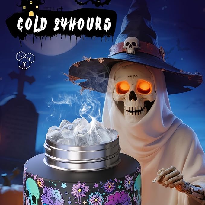 Halloween Insulated Water Bottle with Straw - Stainless Steel Water Bottle with Push Button Lid, Leak-Proof BPA-Free, Keeps Cold for 24 Hours for Halloween gifts, Party (24 oz, Floral Afterlife)
