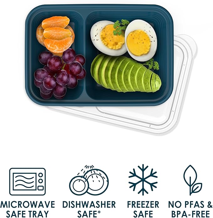 Bentgo Prep - 2-Compartment Snack Containers with Lids - Reusable, Microwaveable, Durable, PFAS & BPA-Free, Freezer and Dishwasher-Safe Meal Prep Food Storage - 10 Trays & 10 Lids (Deep Teal)