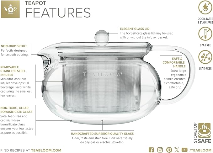 Teabloom Kyoto 2-in-1 Tea Kettle and Tea Maker – Glass Teapot with Removable Loose Tea Infuser – Tea Connoisseur's Choice