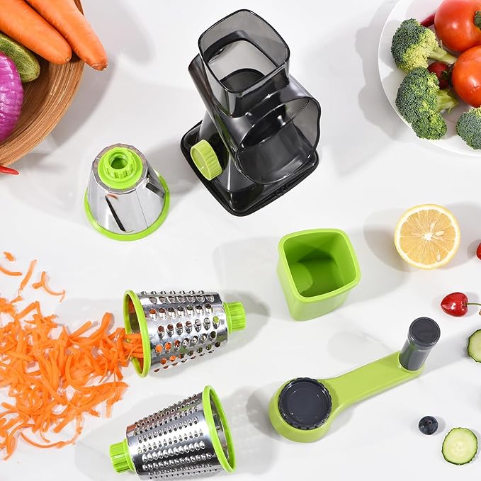 Rotary Cheese Grater with Handle Kitchen Shredder Slicer Grater Slicer Ice Shaver Cheese Vegetable Nuts Potato Zucchini Chocolate 3 Interchangeable Blades (Green TSP)