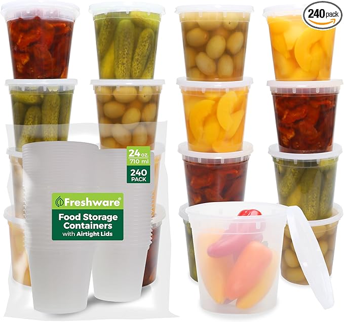 Freshware Food Storage Containers [240 Set] 24 oz Plastic Deli Containers with Lids, Slime, Soup, Meal Prep Containers | BPA Free | Stackable | Leakproof | Microwave/Dishwasher/Freezer Safe