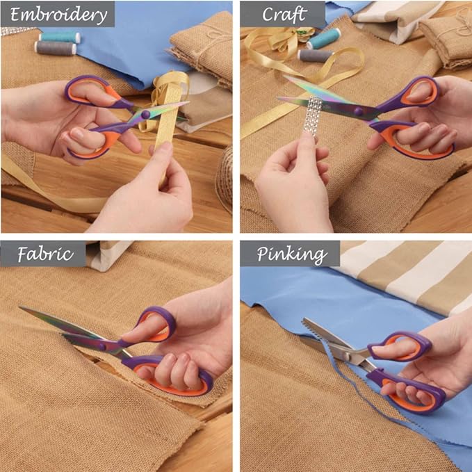 BambooMN Titanium Softgrip Scissors Set - Pinking, Sewing, Arts, Crafts, Office - 30 Sets of 4 - Purple w/Orange