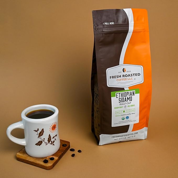 Fresh Roasted Coffee, Organic Ethiopian Sidamo Water-Processed Half-Caf | USDA Organic, 100% Single Origin, Kosher | Medium Roast 2 lb (32 oz) Whole Bean