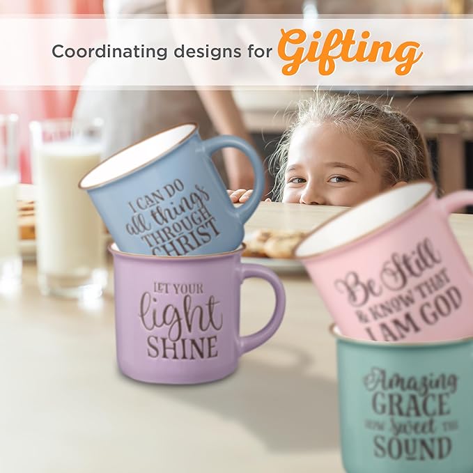Christian Art Gifts Lavender Camp Style Ceramic Coffee Mug – 13 oz. Microwave & Dishwasher Safe Inspirational Scripture Coffee & Tea Mug for Women with Bible Verse: Let Your Light Shine – Matthew 5:16