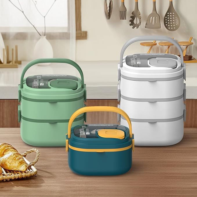 Double-Layer Bento Lunch Box for Kids & Adults with Removable Stainless Steel Dividers,Dressing Container,BPA-Free,Dishwasher Safe - Includes Utensil,(Green,Non-Insulated)