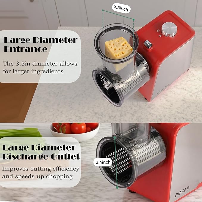 Electric Cheese Grater, 300W DC Motor Rotary Cheese Grater with 5 Different Shapes of Blades, Vegetable Cutter for Potato, Nuts, Kitchen Chopper with Non-slip Suction Base, Red