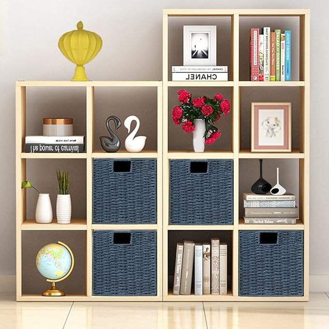 Vagusicc Wicker Storage Basket, Set of 2 Hand-Woven Storage Baskets for Shelves with Handles, Foldable Cube Storage Bins Organizer, Blue 13x13 Inch Large Wicker Baskets for Pantry Bedroom Decor, Blue