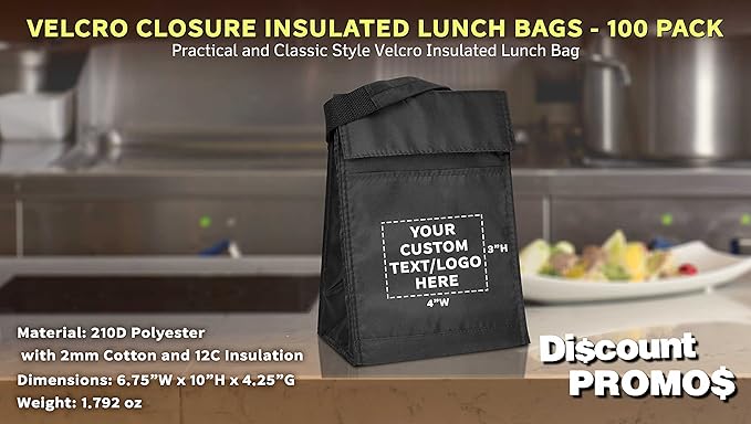 DISCOUNT PROMOS 100 Hook and Loop Insulated Lunch Bags Set - Customizable Text, Logo - Polyester, Durable, Vibrant, Reusable - Black