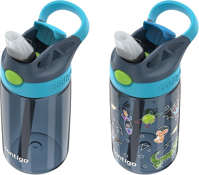 Contigo AutoSpout Kids Water Bottle with Pop up-Straw, 14oz, BPA-Free Plastic, 2-Pack, Blueberry & Bluberry Nightfall, Great for Home and School