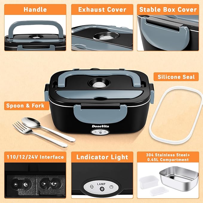 Electric Lunch Box for Adults, 80W Heated Lunch Box, 1.5L Stainless Steel Container | 12V/24V (Car/Truck) & 110V (Office/Home) | with Fork&Spoon and Insulated Carry Bag
