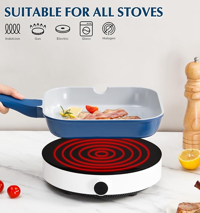 KOCH SYSTEME CS 11 Inch Nonstick Grill Pan for Stove Tops, Square Griddle Pan with Pour Spouts, Grill Pan for Indoor Cooking, Grill Skillet with Bakelite Handle, PTFE & PFOA Free, Blue