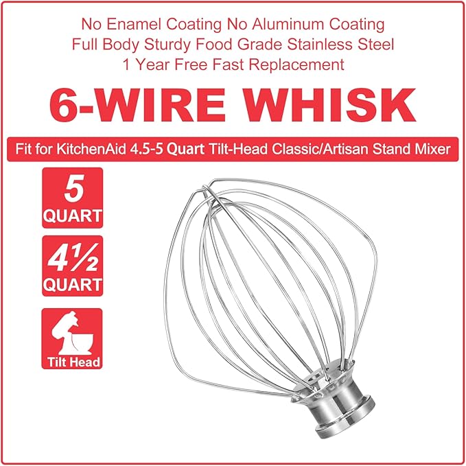 K45WW Stainless Steel Wire Whip for KitchenAid Artisan Series Tilt-Head Mixer 5 Quart Bowl, 6 Wire Whisk Fits for Artisan Mixer, Heavy Duty, Dishwasher Safe, Balloon Whisk