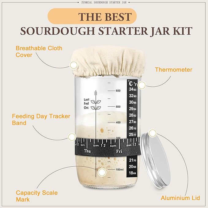 Sourdough Starter Jar, Sourdough Starter Kit with Date Marked Feeding Band, Thermometer, Cloth Cover & Metal Lid, Reusable Sourdough Bread Baking Supplies, Home Baking Supplies