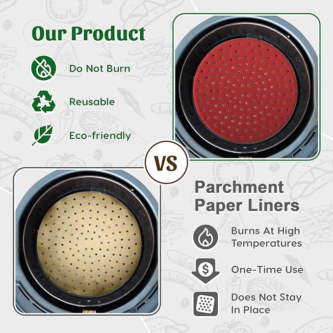 Reusable Round Silicone Air Fryer Liners (9 Inch, 3 Pack) by Linda’s Essentials - Non-Stick, Easy-Clean Accessories with Cheat Sheet & Recipe Book, Perfect for Quick Meals