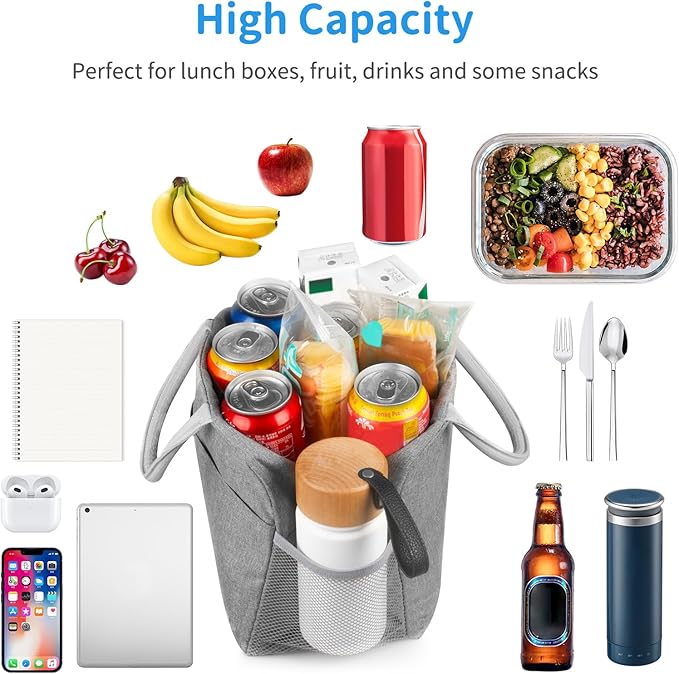 DALINDA Lunch Bag Lunch Box for Women Men Reusable Insulated Cooler Lunch Tote Bags, Leakproof Cute LunchBag Large Capacity for Work Travel Picnic,Grey