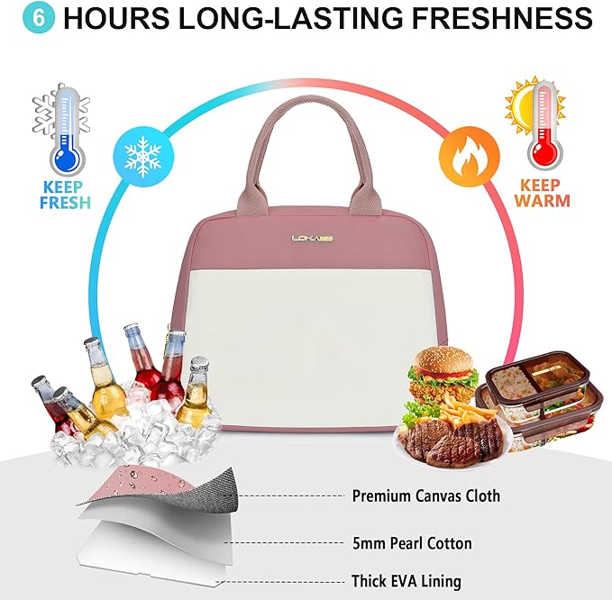 LOKASS Lunch Bag for Women-Insulated Adults Lunch Box with Front Pocket- Small Cute Lunch Tote for Work-Reusable Cooler Bag for Office Picnic Beach or Travel (Pink Purple)