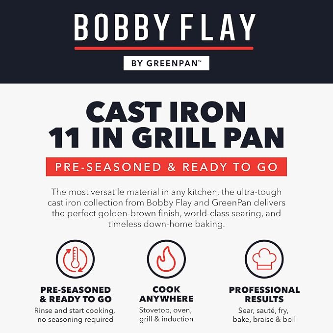 GreenPan x Bobby Flay Cast Iron 11” Square Grill Pan, Pre-Seasoned Professional Grade Heavy Duty Skillet, Helper Handles, Induction Suitable, Stovetop, Oven, BBQ & Fire, Indoor & Outdoor Use, Black